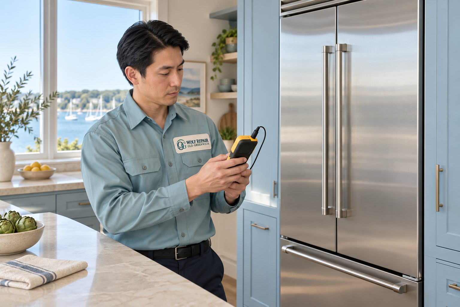 Technician reading a meter beside a built-in refrigerator — AI illustration for Wolf Repair Old Greenwich