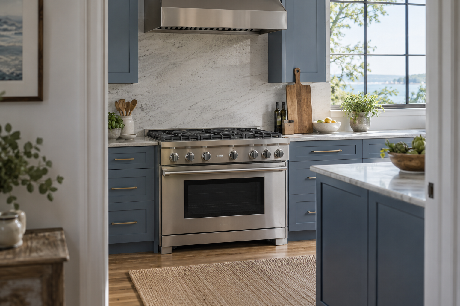 Illustrative Monogram range in a residential kitchen — AI image for Wolf Repair Old Greenwich