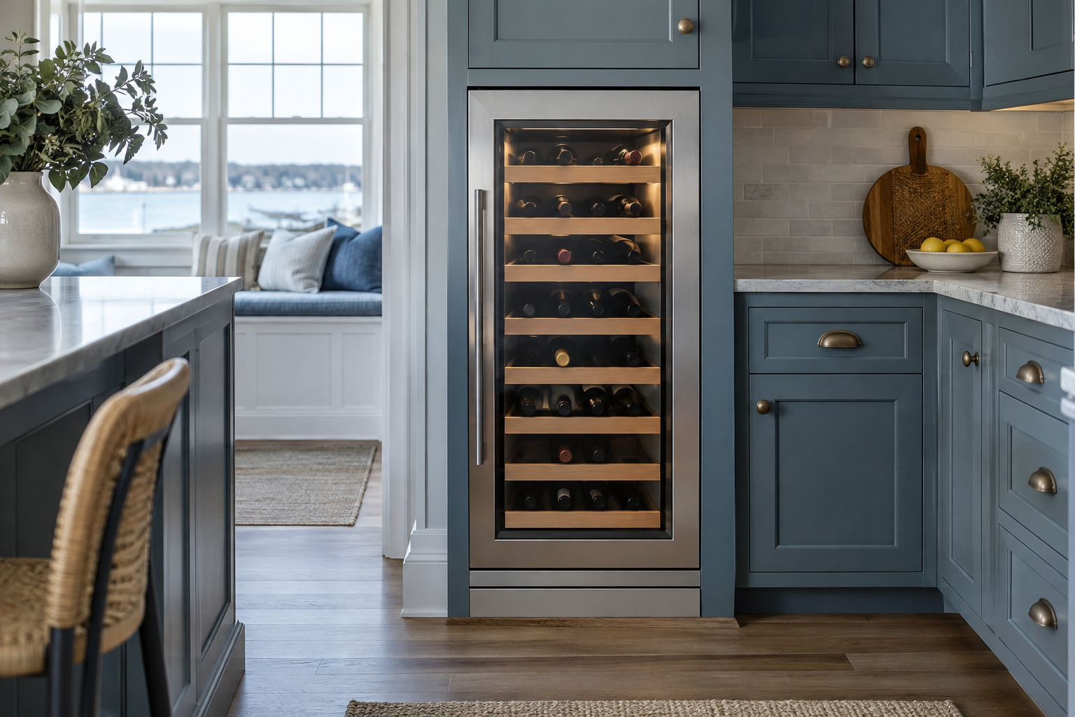 Illustrative Sub-Zero wine cooler in a residential kitchen — AI image for Wolf Repair Old Greenwich