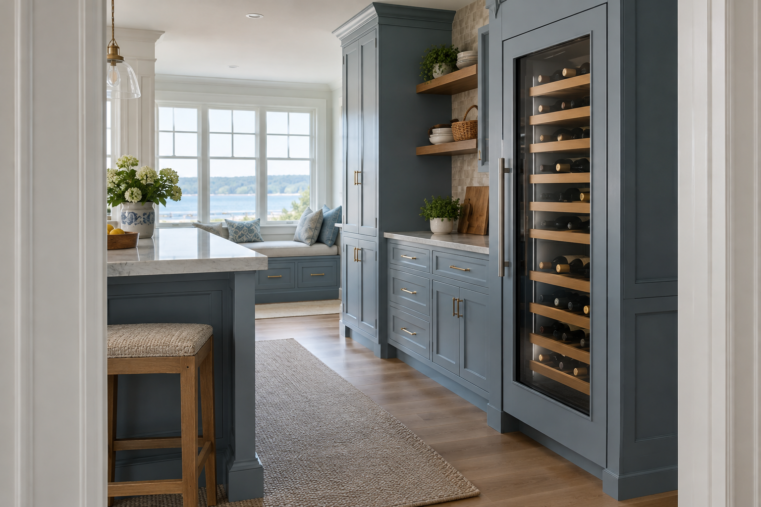Illustrative Sub-Zero wine cooler in a residential kitchen — AI image for Wolf Repair Old Greenwich