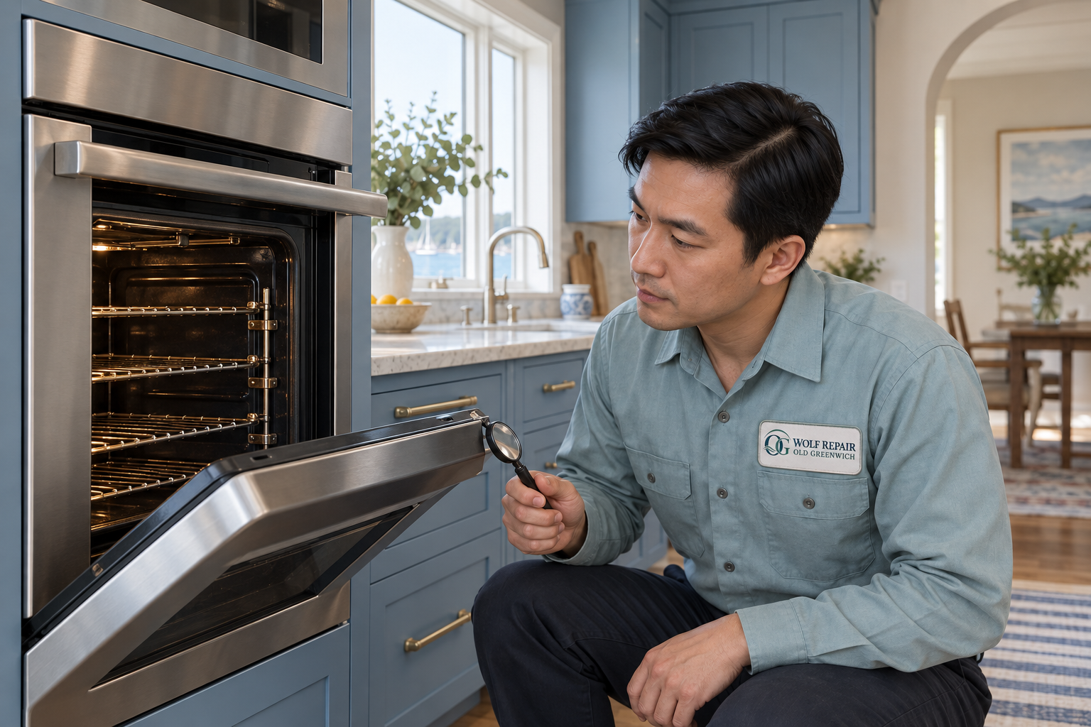 Fictional technician beside a Wolf oven — AI illustration for Wolf Repair Old Greenwich