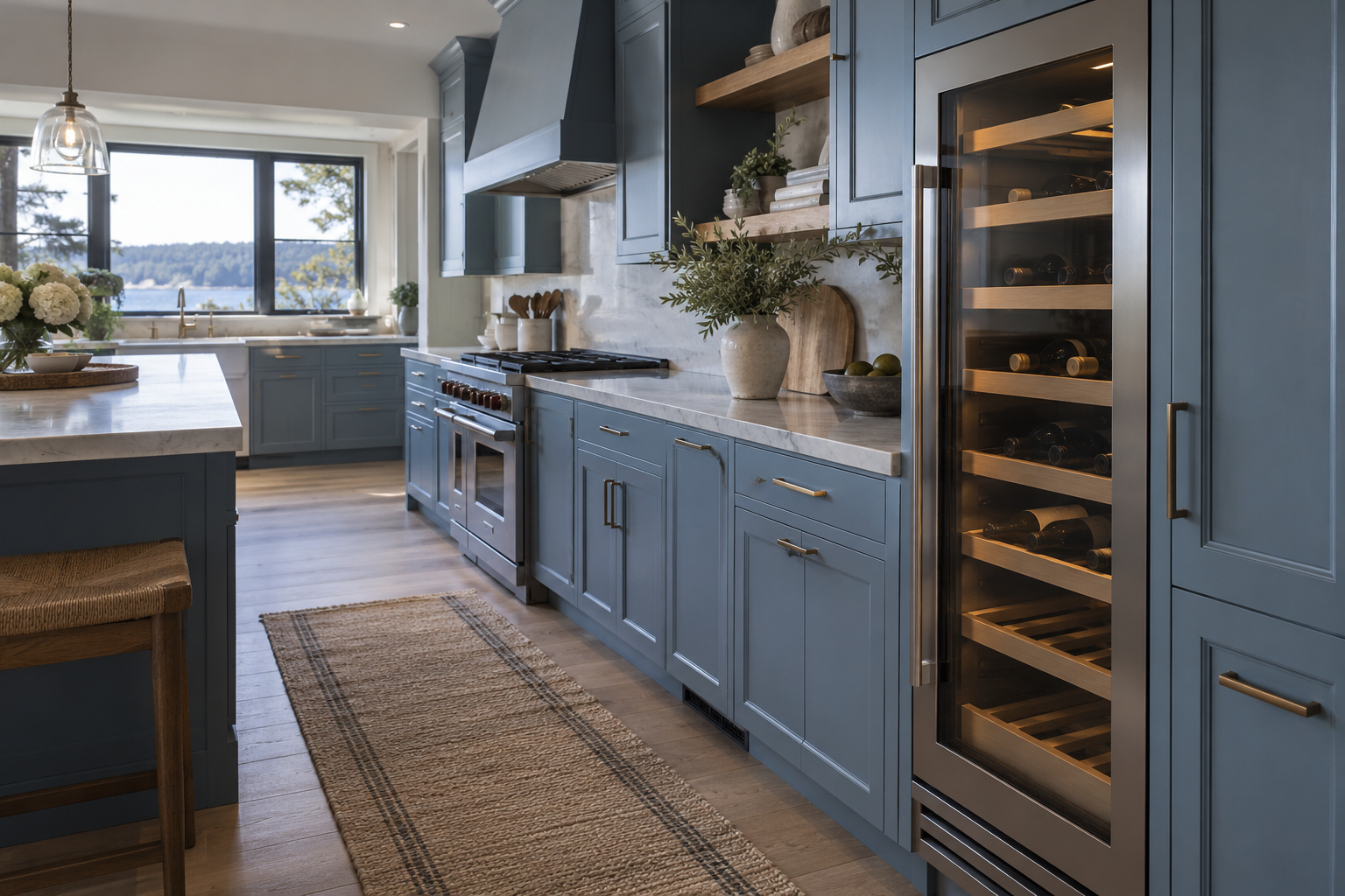 Illustrative Sub-Zero wine cooler in a residential kitchen — AI image for Wolf Repair Old Greenwich