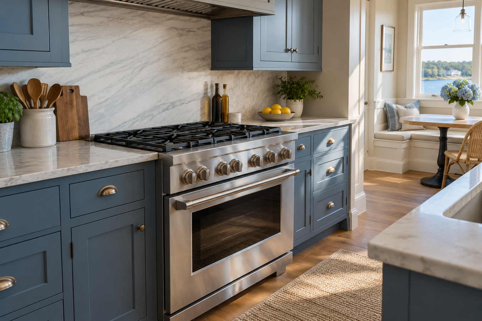Illustrative Monogram range in a residential kitchen — AI image for Wolf Repair Old Greenwich