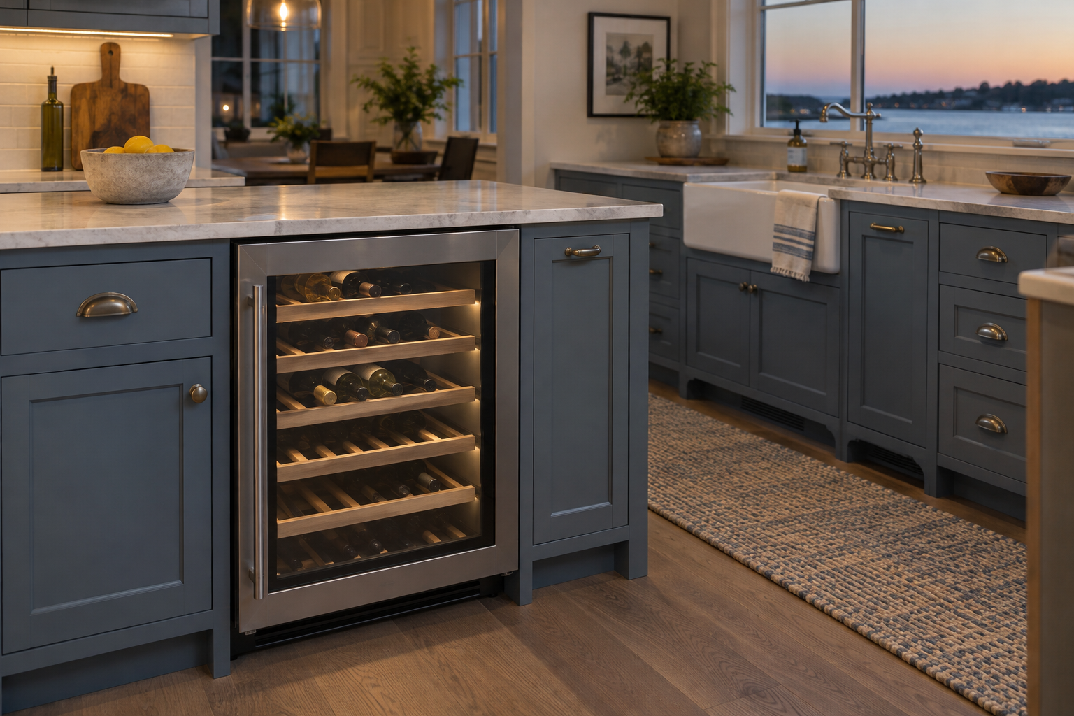 Illustrative Sub-Zero wine cooler in a residential kitchen — AI image for Wolf Repair Old Greenwich
