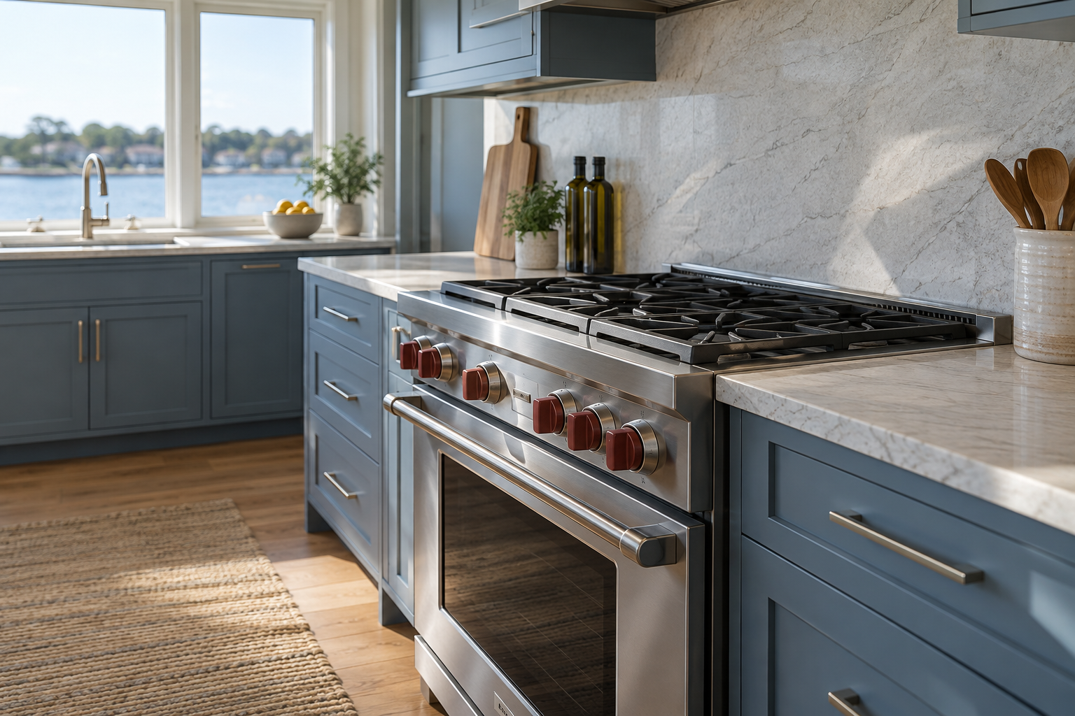 Illustrative Wolf range in a residential kitchen — AI image for Wolf Repair Old Greenwich