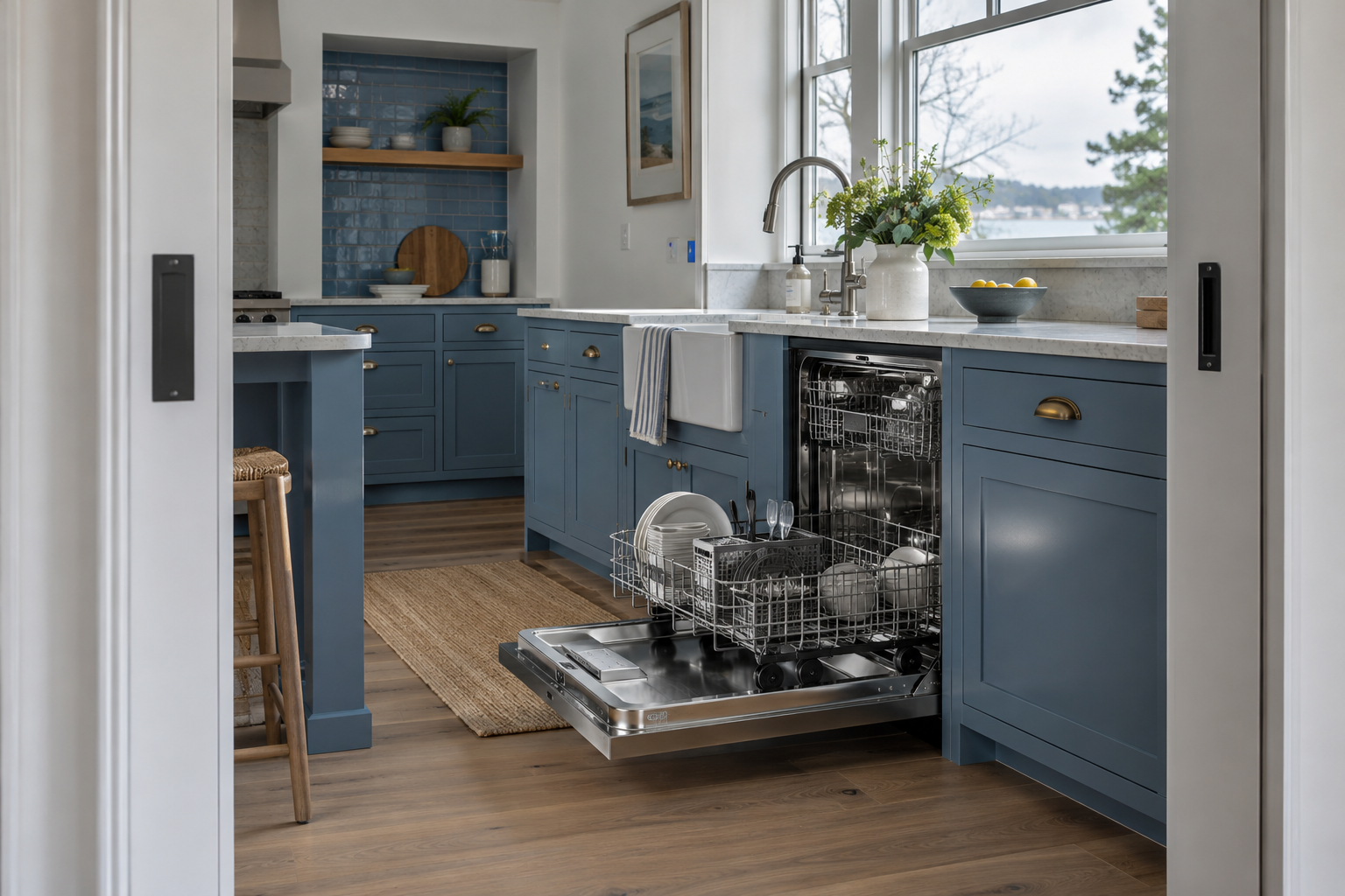 Illustrative Monogram dishwasher in a residential kitchen — AI image for Wolf Repair Old Greenwich