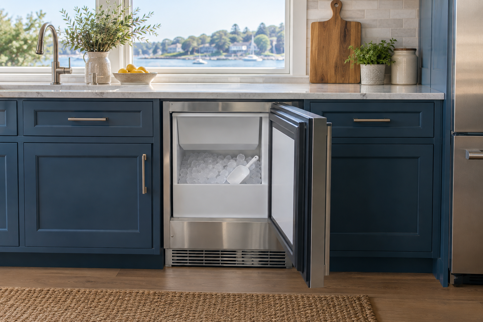Illustrative Monogram ice maker in a residential kitchen — AI image for Wolf Repair Old Greenwich