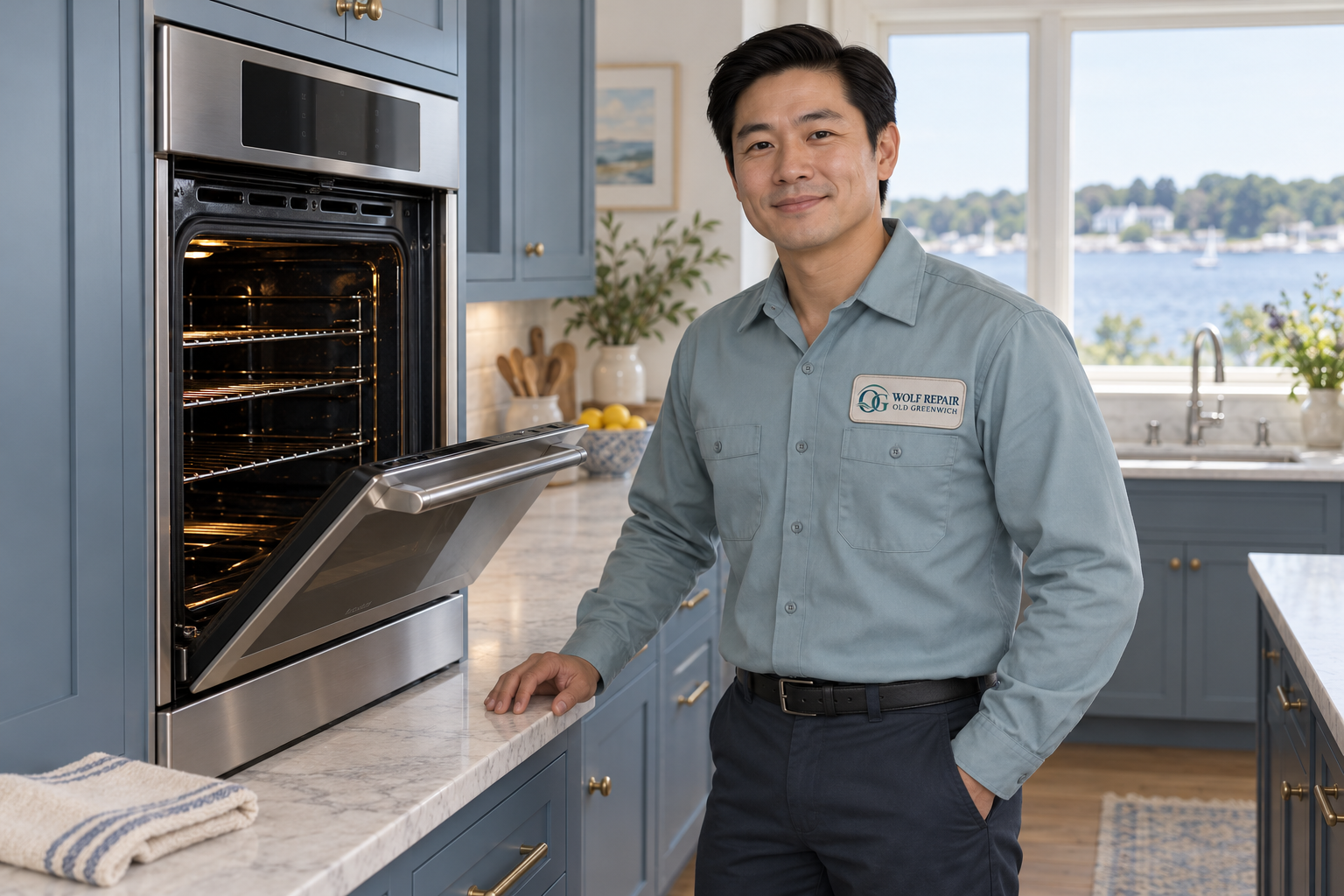 Fictional technician beside a Monogram oven — AI illustration for Wolf Repair Old Greenwich