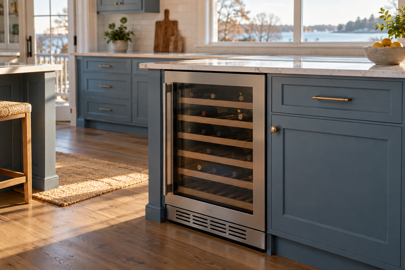 Illustrative Monogram wine cooler in a residential kitchen — AI image for Wolf Repair Old Greenwich