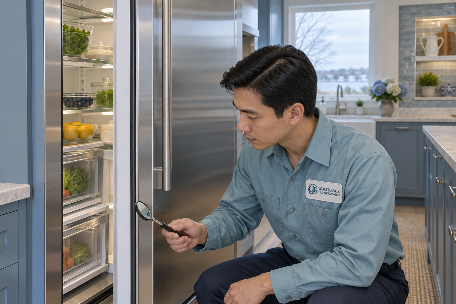 Fictional technician beside a Sub-Zero refrigerator — AI illustration for Wolf Repair Old Greenwich