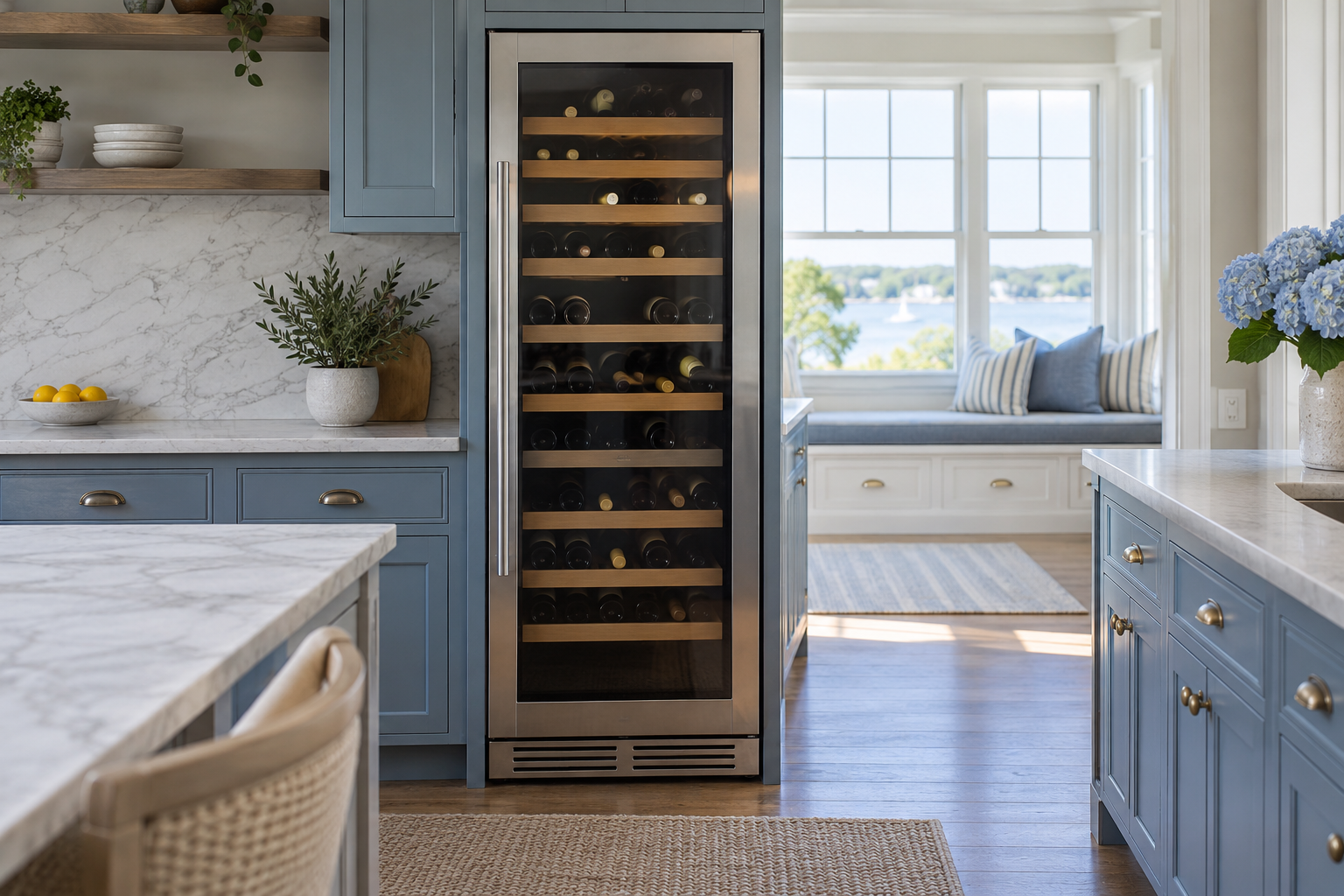 Illustrative Sub-Zero wine cooler in a residential kitchen — AI image for Wolf Repair Old Greenwich