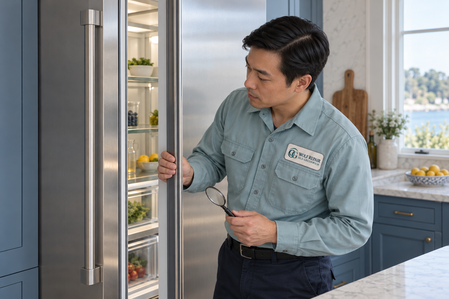 Fictional technician beside a Thermador refrigerator — AI illustration for Wolf Repair Old Greenwich