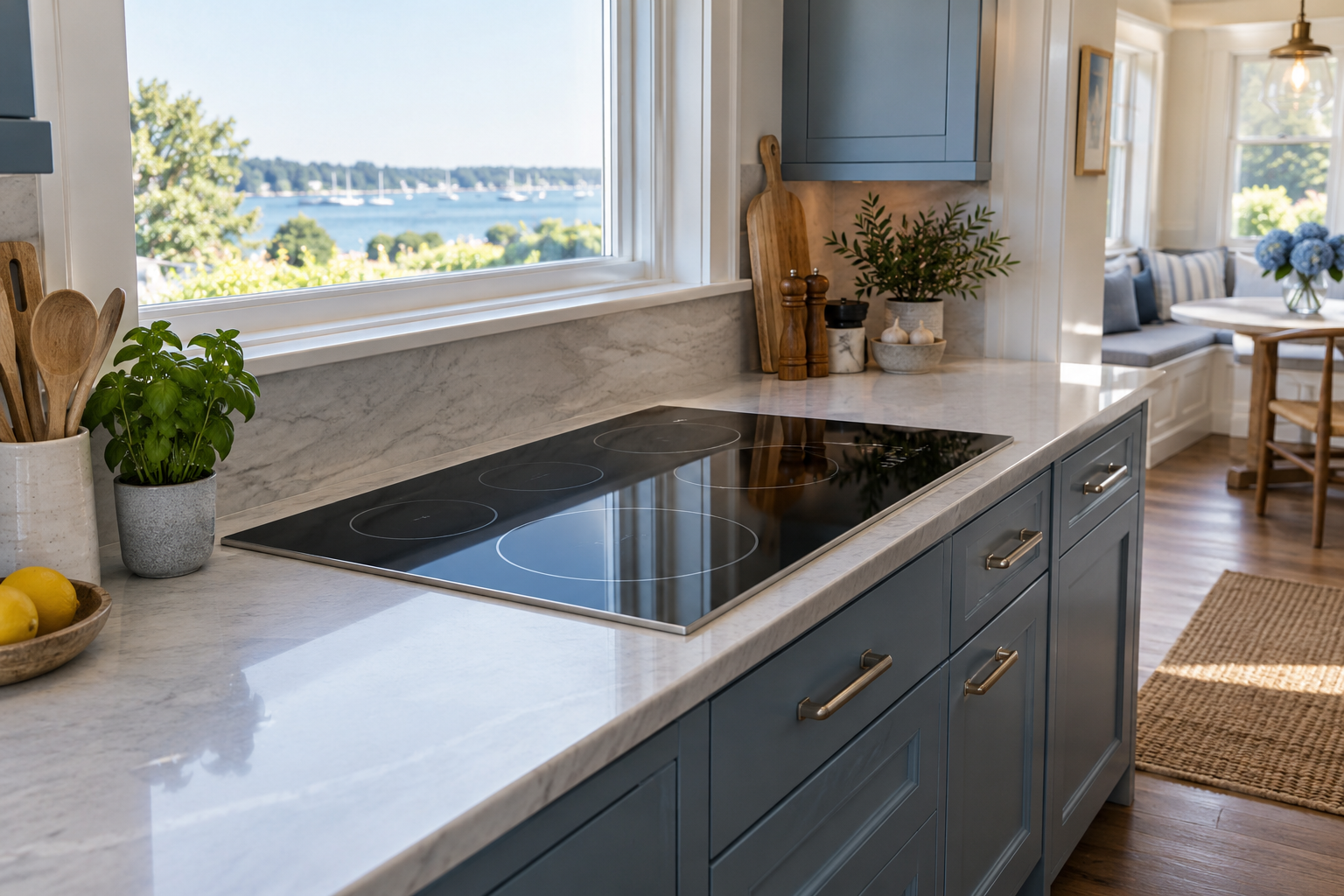 Illustrative Viking cooktop in a residential kitchen — AI image for Wolf Repair Old Greenwich