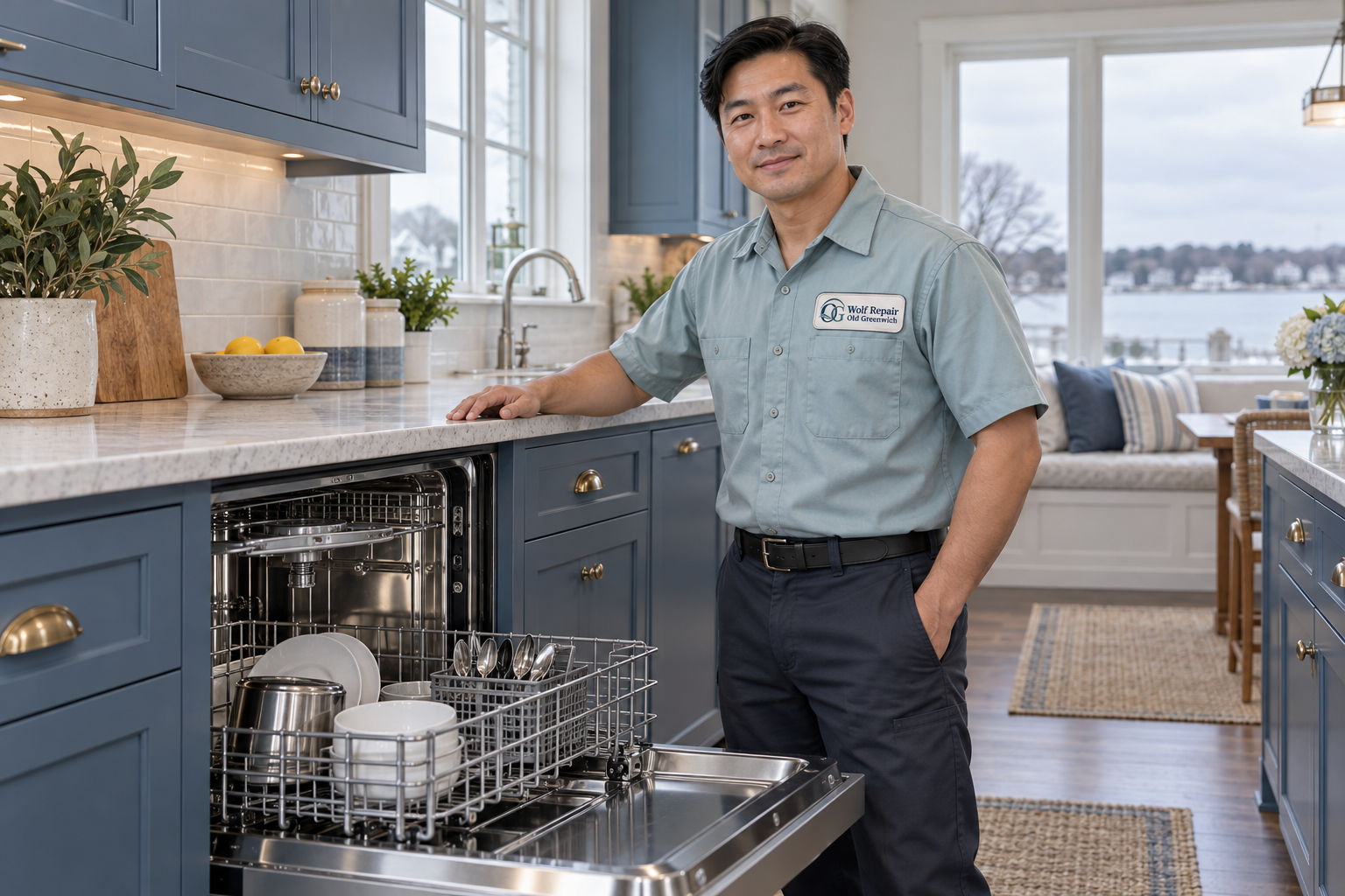 Fictional technician beside a Viking dishwasher — AI illustration for Wolf Repair Old Greenwich