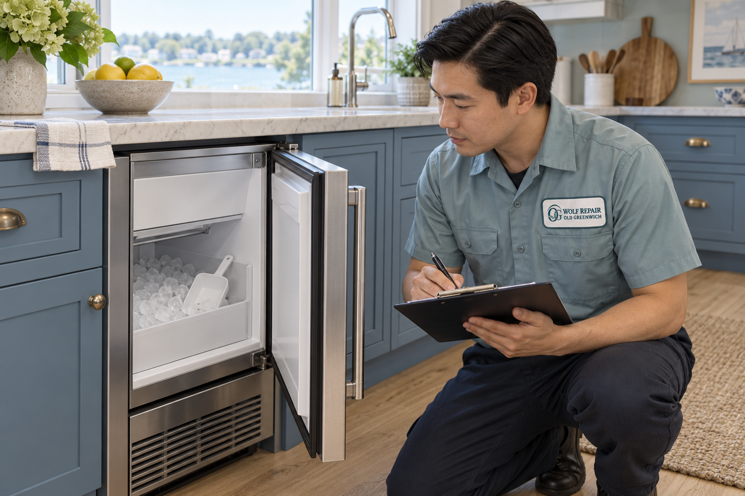 Fictional technician beside a Viking ice maker — AI illustration for Wolf Repair Old Greenwich