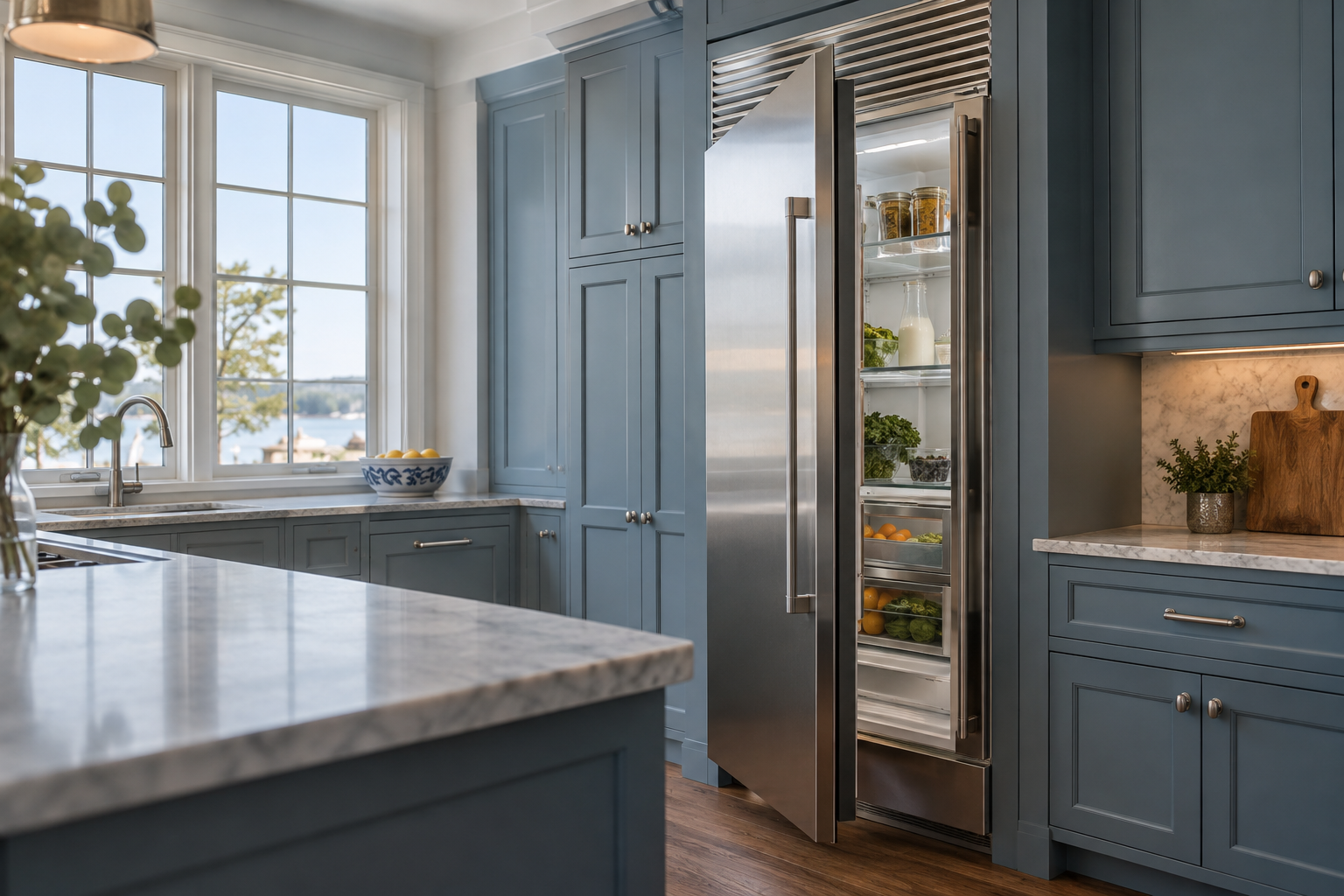 Illustrative Viking refrigerator in a residential kitchen — AI image for Wolf Repair Old Greenwich