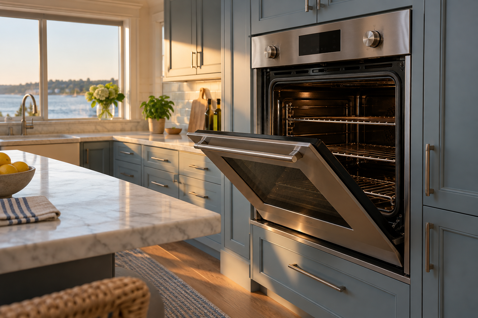 Illustrative Wolf oven in a residential kitchen — AI image for Wolf Repair Old Greenwich